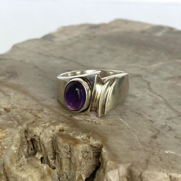 Sterling Silver 925 Asymmetric Oval Purple Amethyst Cabochon Ring Sz 5.75 - Picture 7 of 16